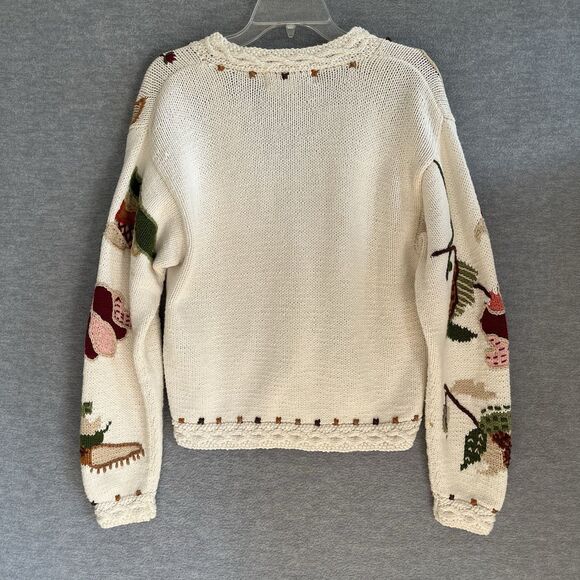 All Week Long Chunky Cardigan Sweater M Floral Cottagecore Cabin Beige Crochet - Picture 5 of 13
